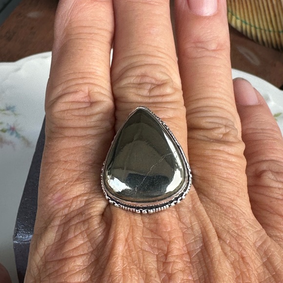 Golden Pyrite Cab Ring 925 size 8 - Picture 5 of 10